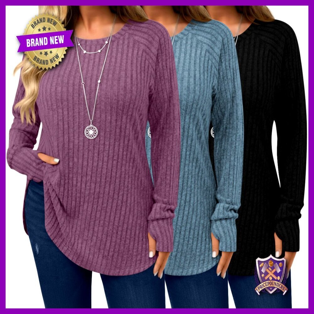 Plus Size Long Sleeve Sweaters with Thumb Holes, Curved Hem Tunic Tops